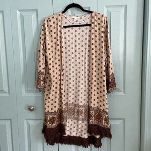 Charming Charlie Womens Bohemian Open Front Cardigan XL Fringe Mandala Neutral